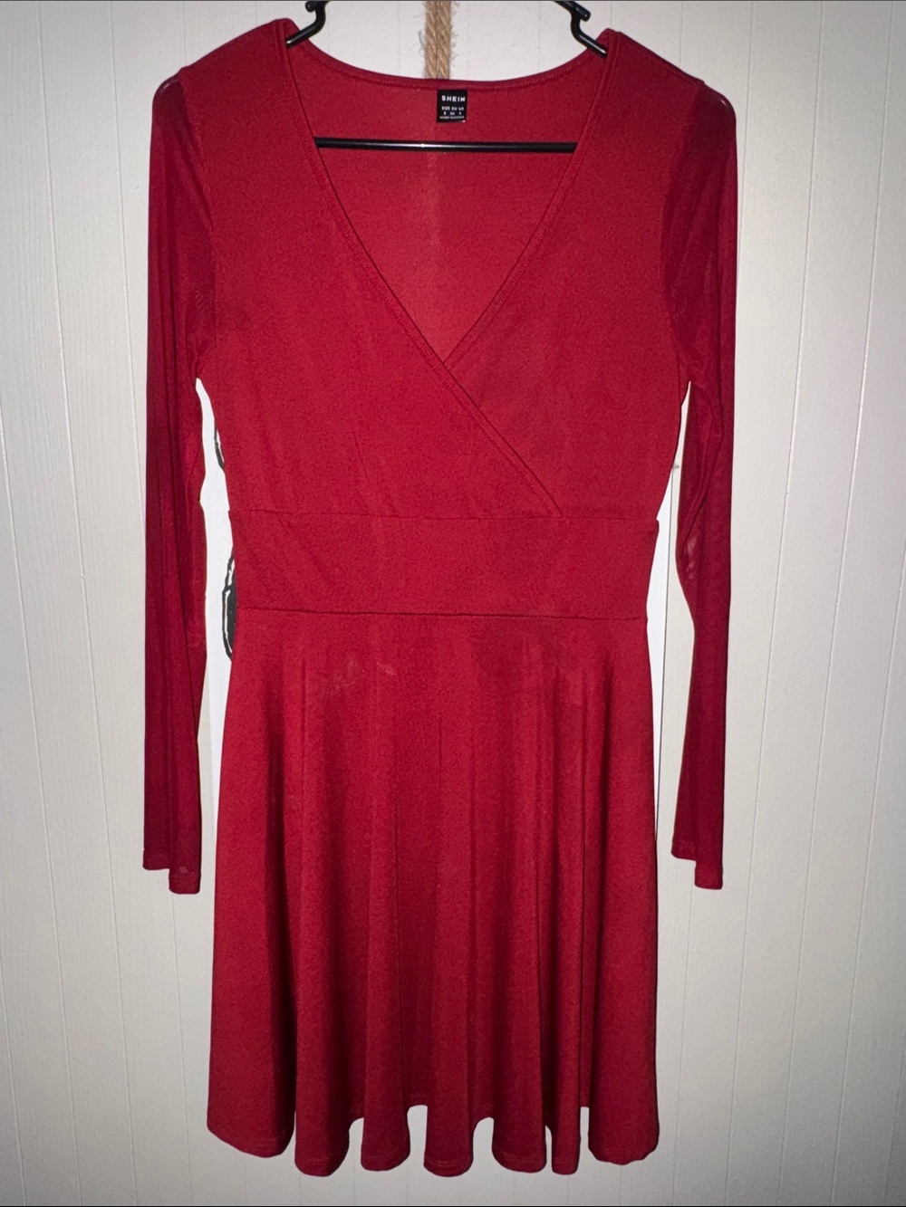 Shein Red Long-Sleeve V-Neck Fit & Flare Dress